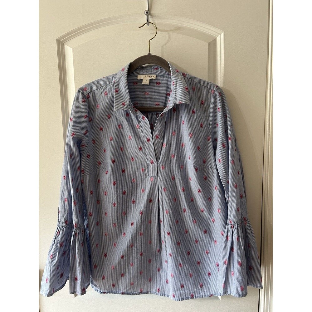 Kenar Women's Size Large Blue Striped Cotton Embroidered LS Bell Sleeve Top Boho